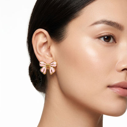 Adorable Variegated Bow 18K Gold Stud Earrings