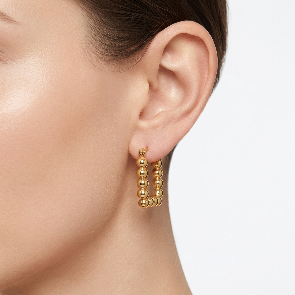 Elegant Beaded Rectangle 18K Gold Hoop Earrings