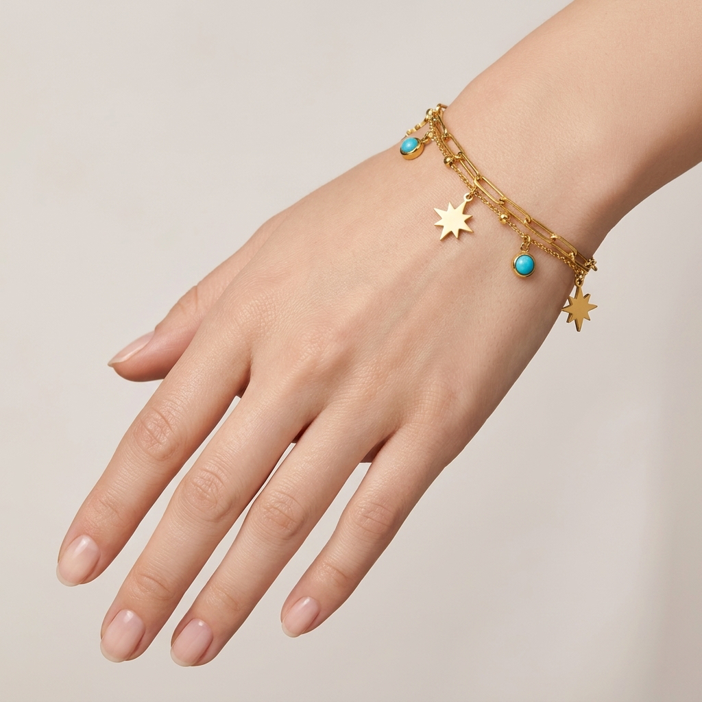 Star & Turquoise Layered Charm 18K Gold Bracelet