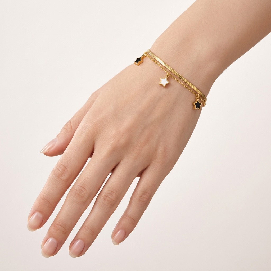 Double Chain Star Charm 18K Gold Bracelet