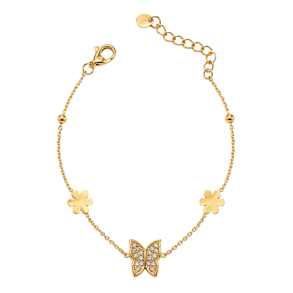 Sparkling Butterfly and Lucky Clover 18K Gold Chain Bracelet