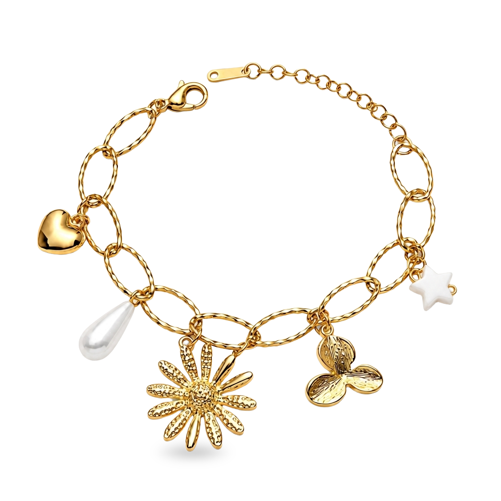 Whimsical Bloom 18K Gold Charm Bracelet