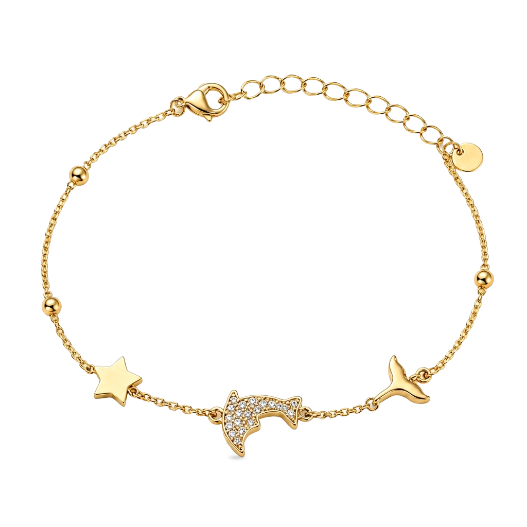 Dolphin Dreams Zircon 18K Gold Chain Bracelet