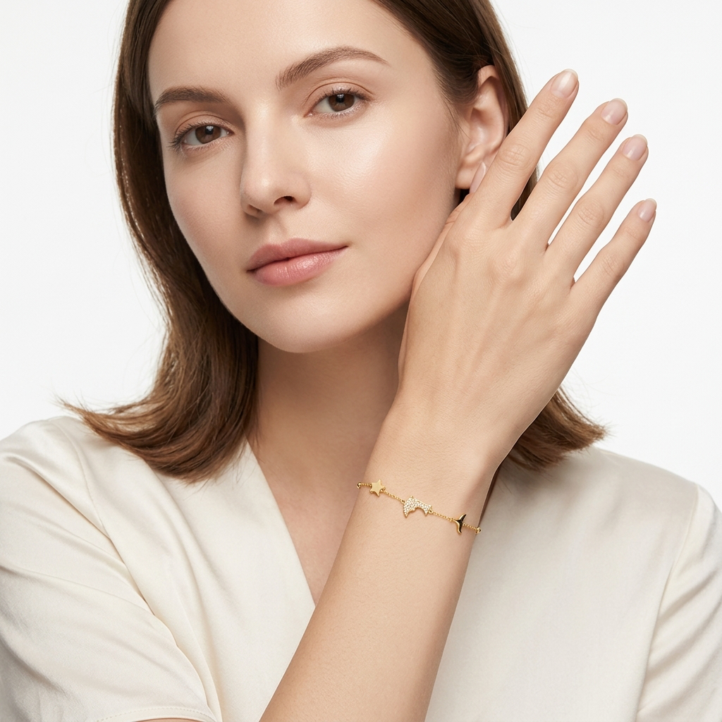 Dolphin Dreams Zircon 18K Gold Chain Bracelet