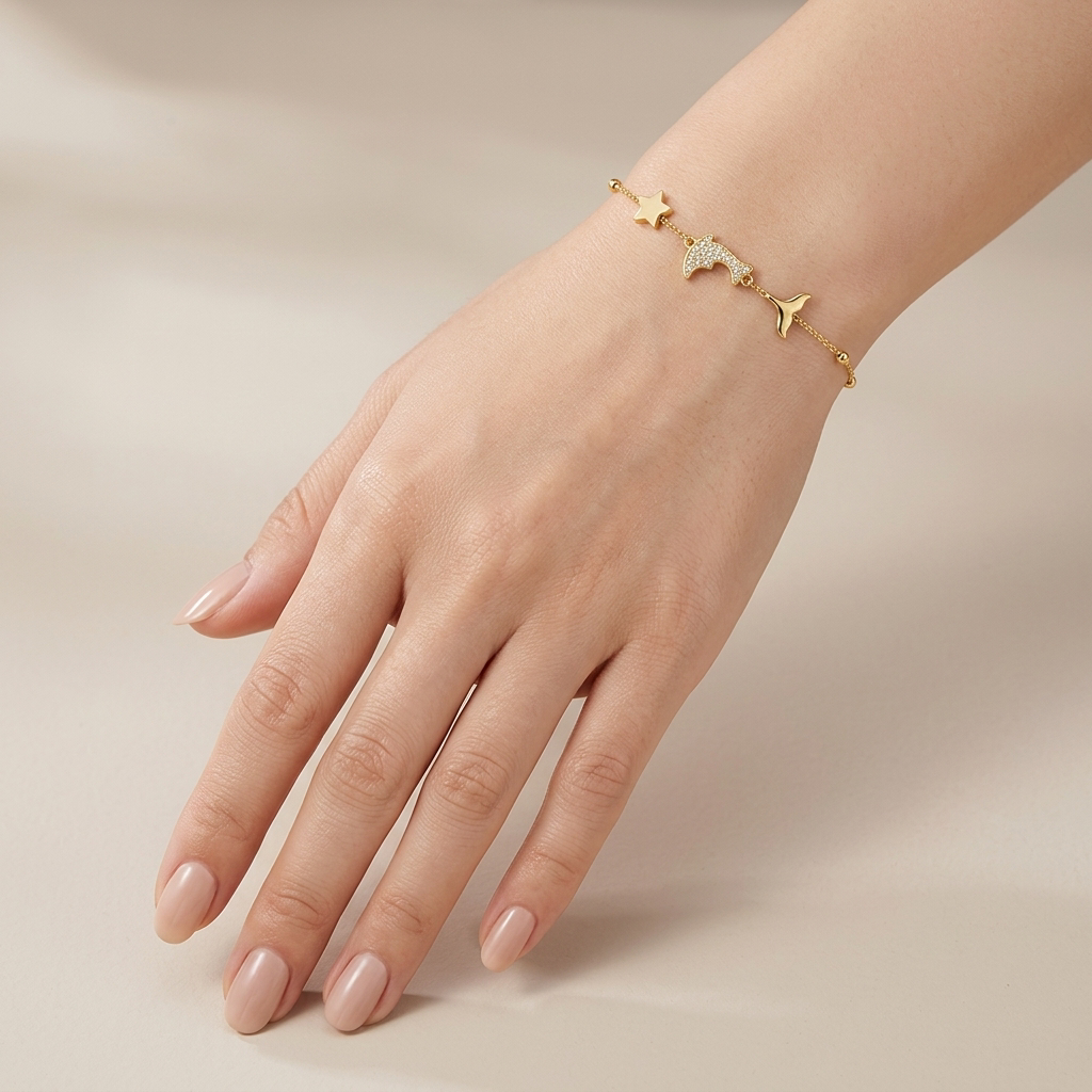 Dolphin Dreams Zircon 18K Gold Chain Bracelet