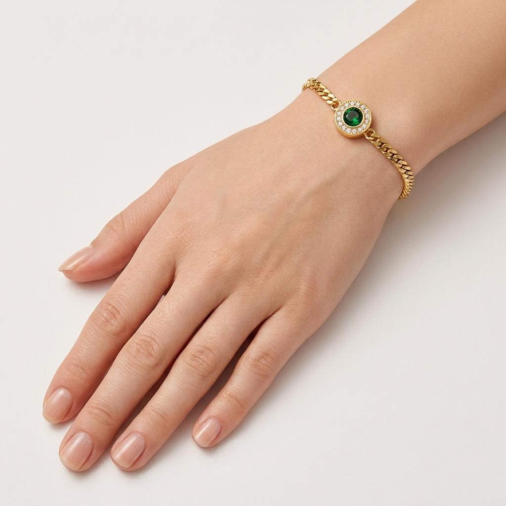 Emerald Halo Zircon 18K Gold Bracelet