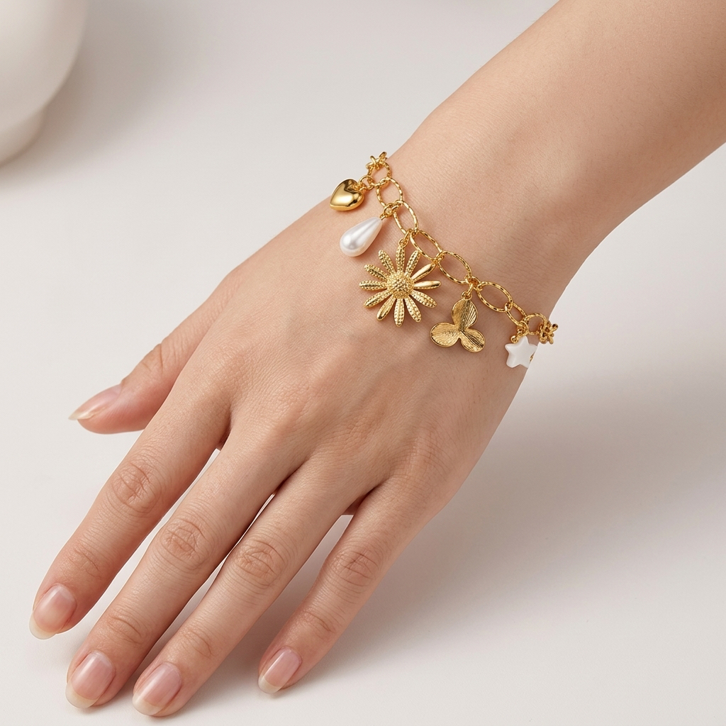 Whimsical Bloom 18K Gold Charm Bracelet