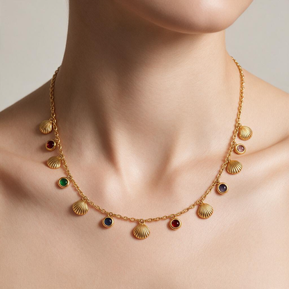 Rainbow Shell & Gem Necklace 18K Gold Necklace