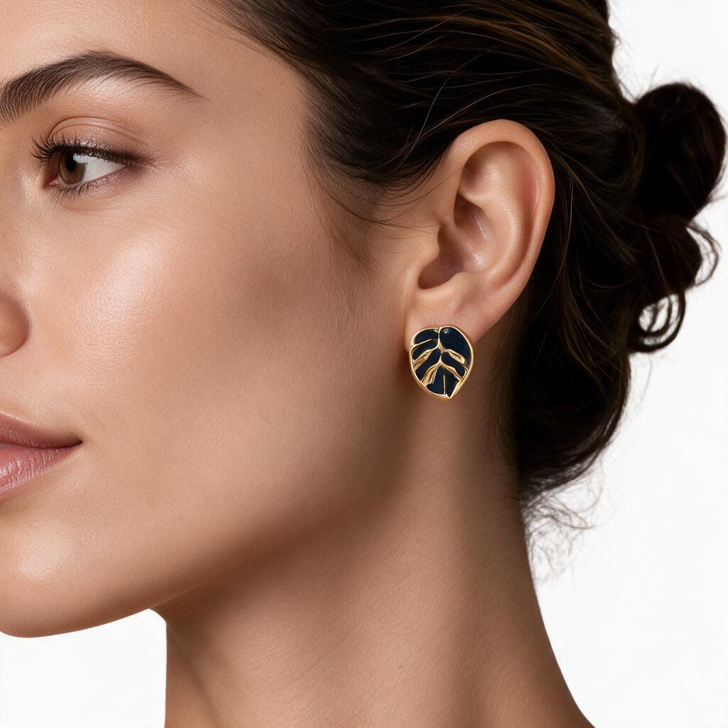 Verdant Striped Leaf 18K Gold Stud Earrings
