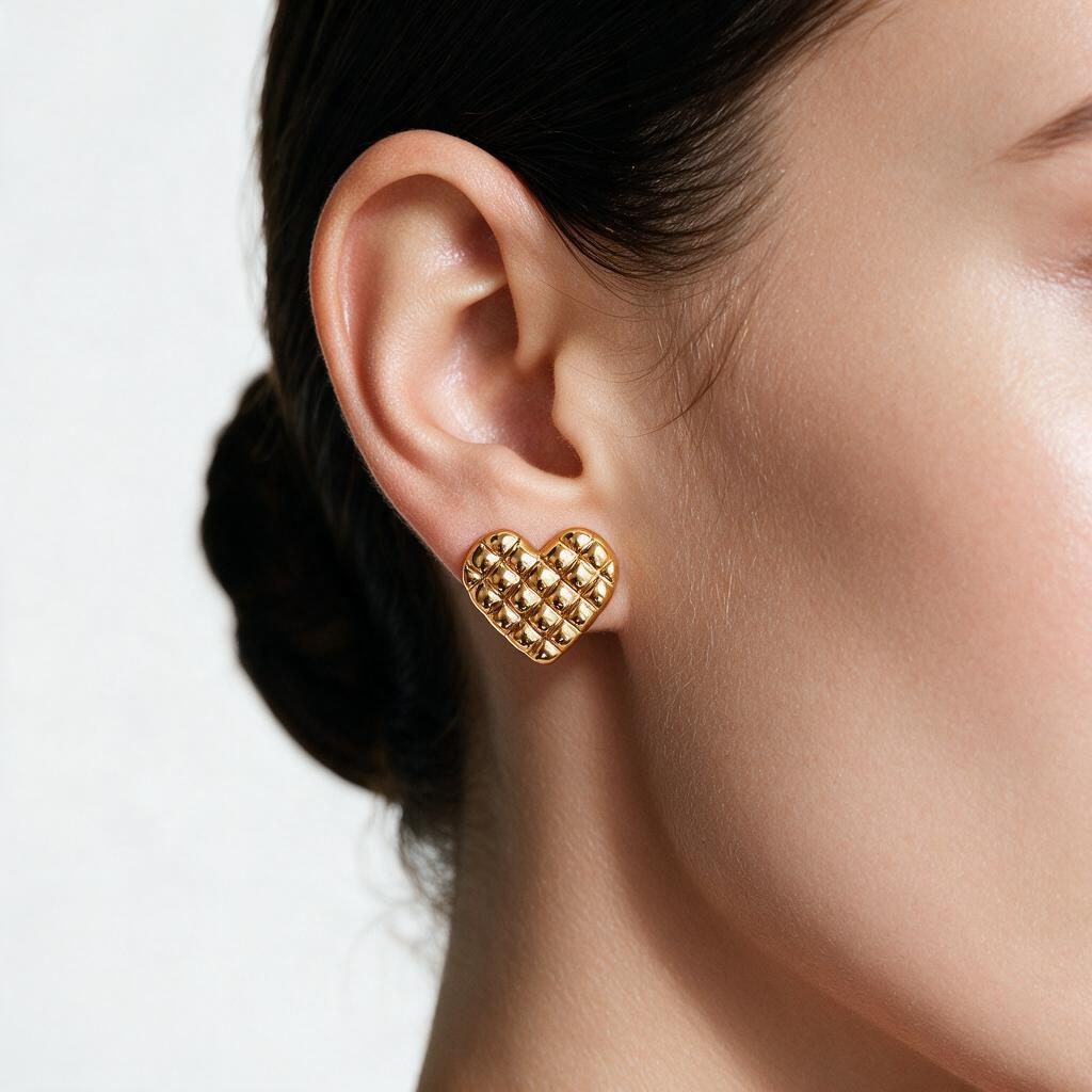 Puffed Sculpted Heart 18K Gold Stud Earrings
