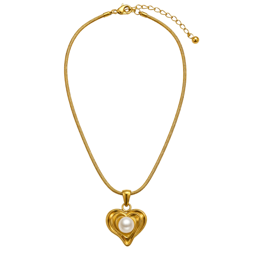 Pearl Heart Herringbone 18K Gold Necklace