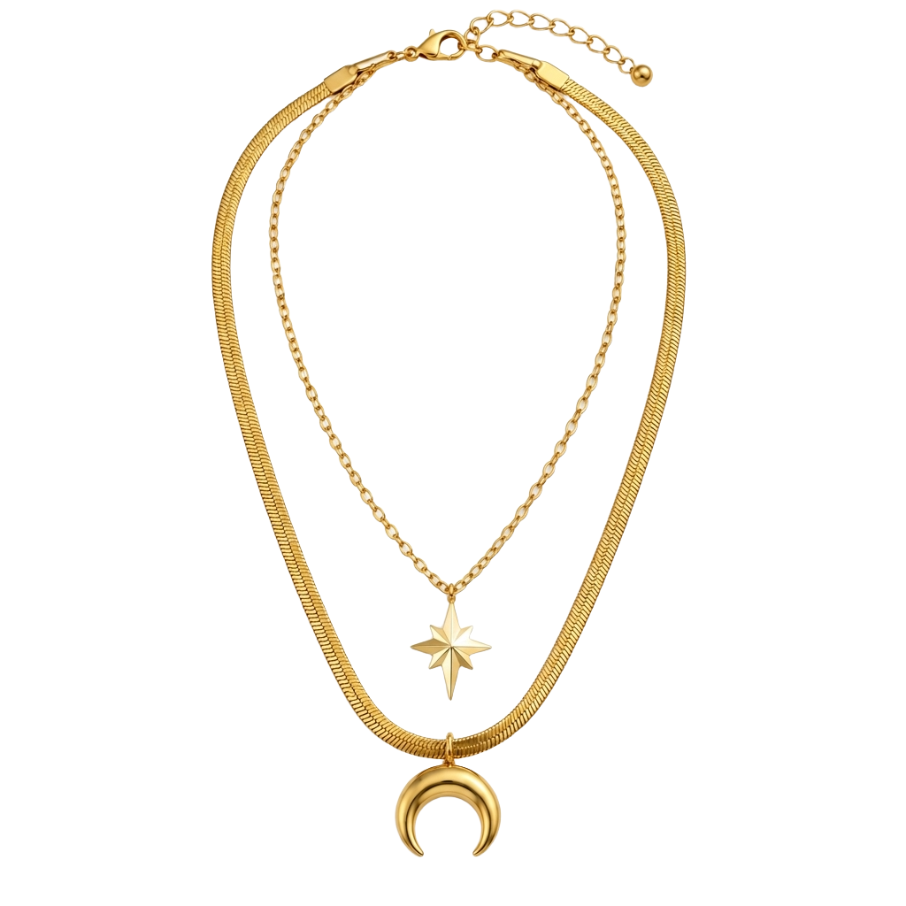 Celestial Crescent Layered 18K Gold Necklace