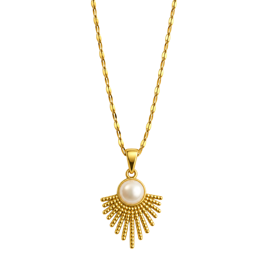 Radiant Pearl Sunburst Pendant 18K Gold Necklace