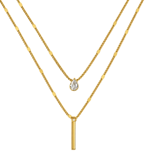 Dainty Teardrop Crystal & Bar Pendant 18K Gold Layered Necklace