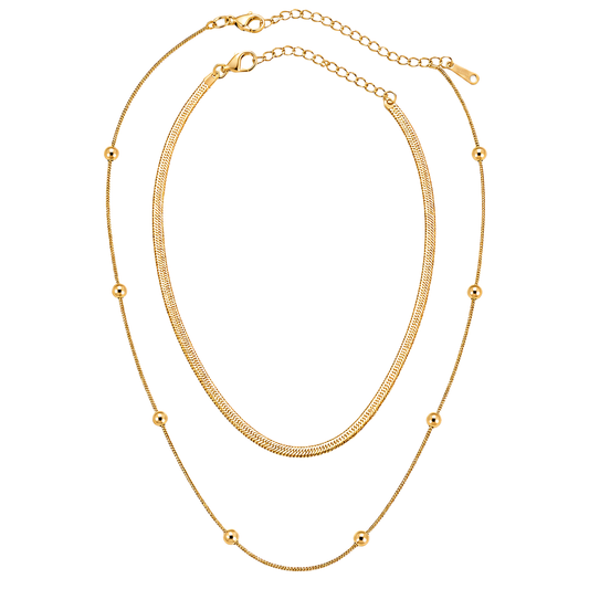 Layered 18K Gold Chain Necklace with Beaded Accent