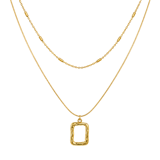 Layered Abstract Rectangle Pendant 18K Gold Necklace